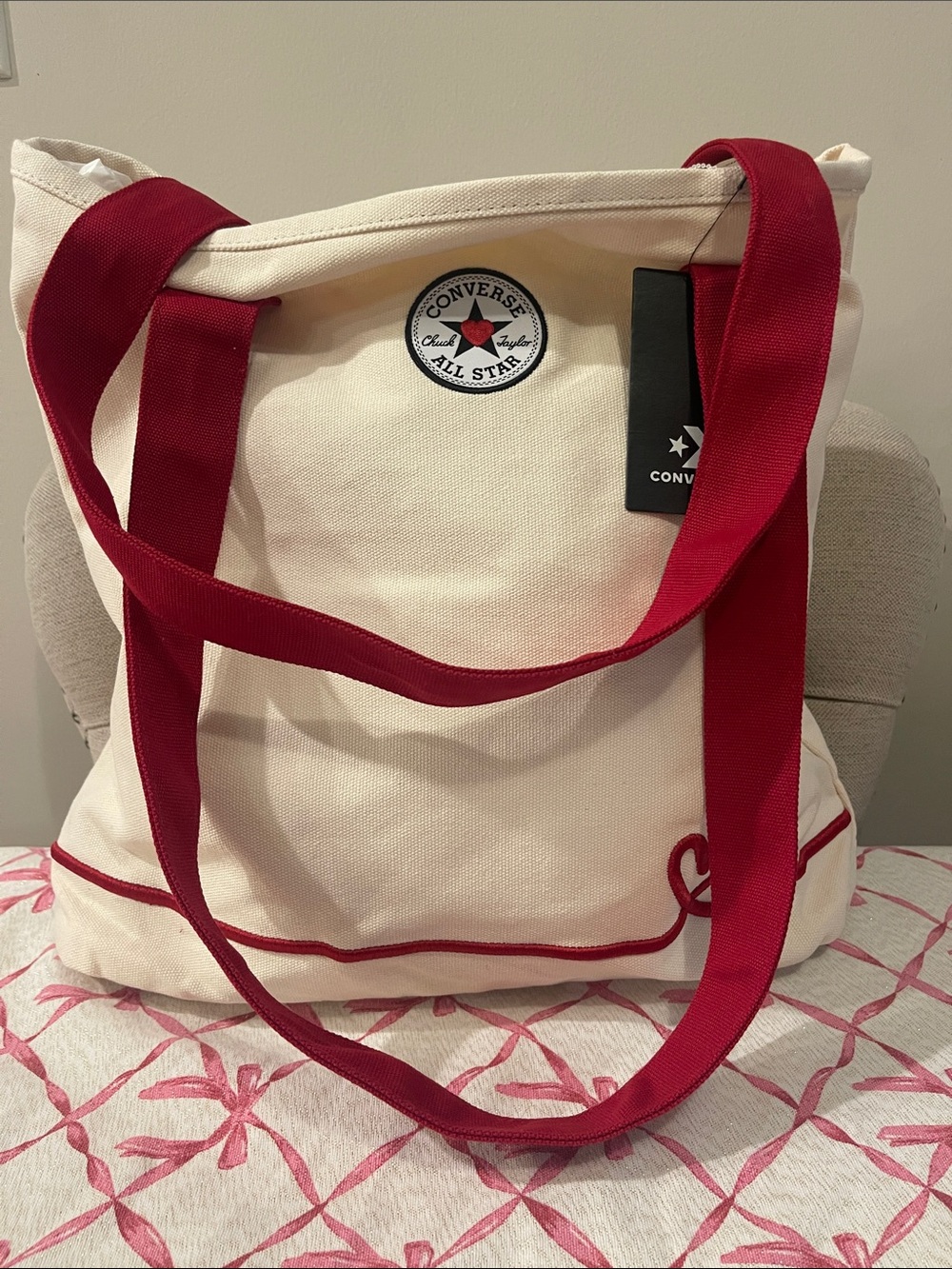 Converse Cream Canvas Tote with Red Handles and Heart Detail - Picture 3 of 3